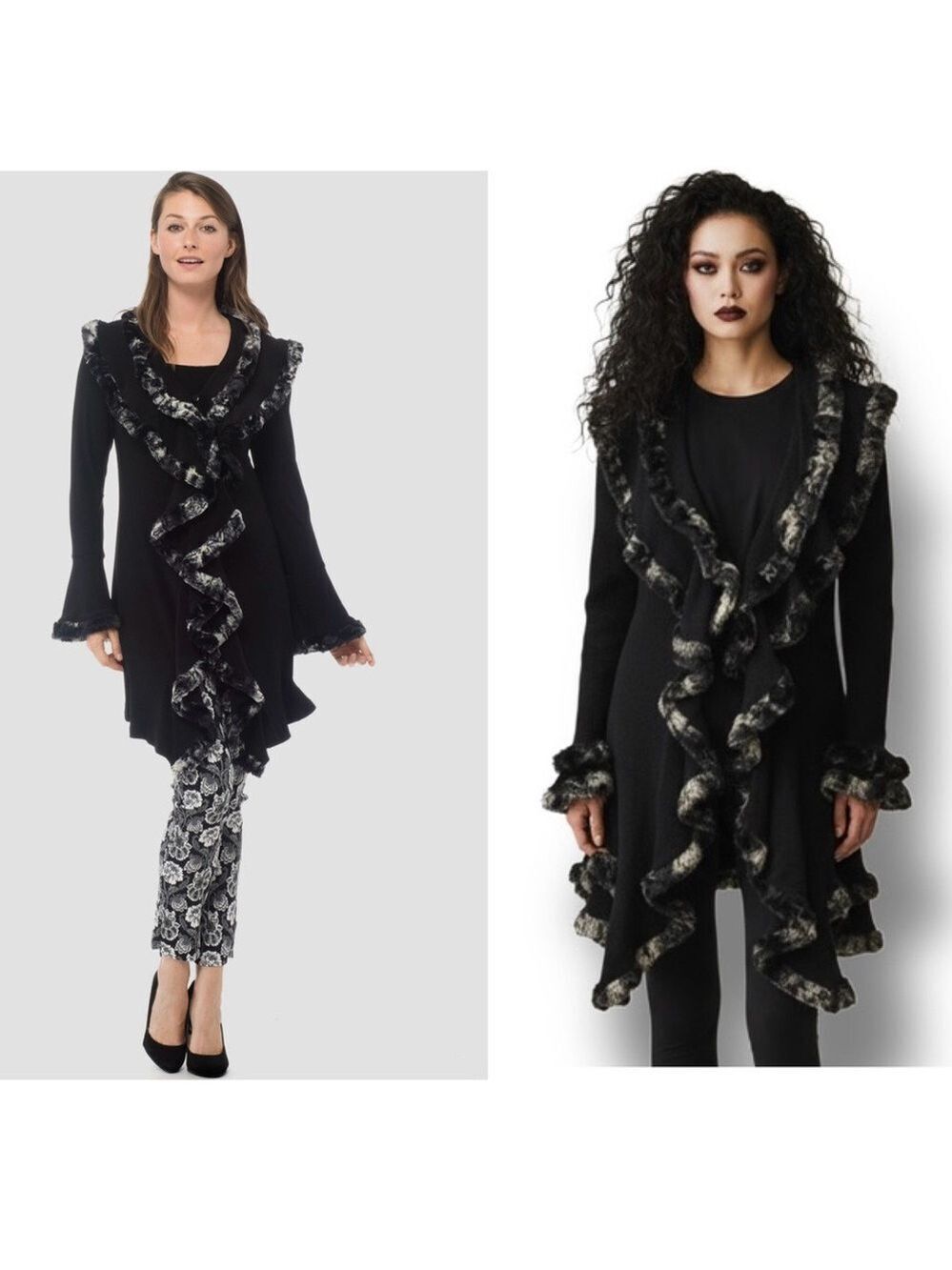 Joseph Ribkoff black ruffle faux fur trim duster cardigan Sz 6 open front - Picture 3 of 14